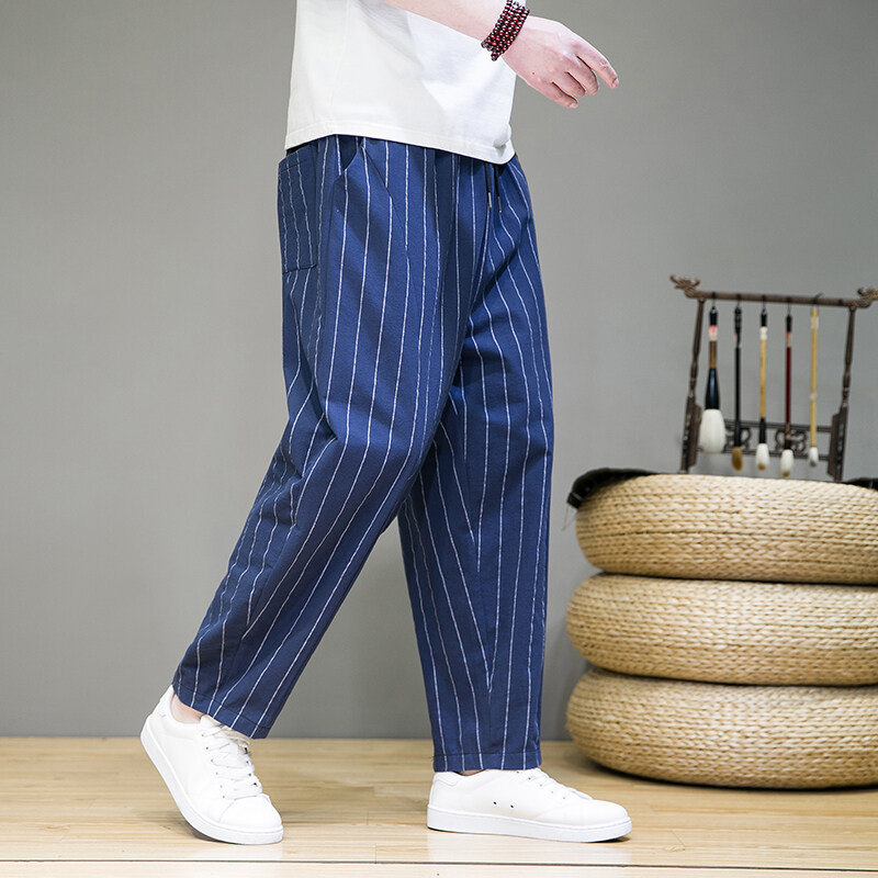 ワイドパンツ メンズ 縦ストライプワイドパンツ薄手透気性ゆったり直筒九分丈