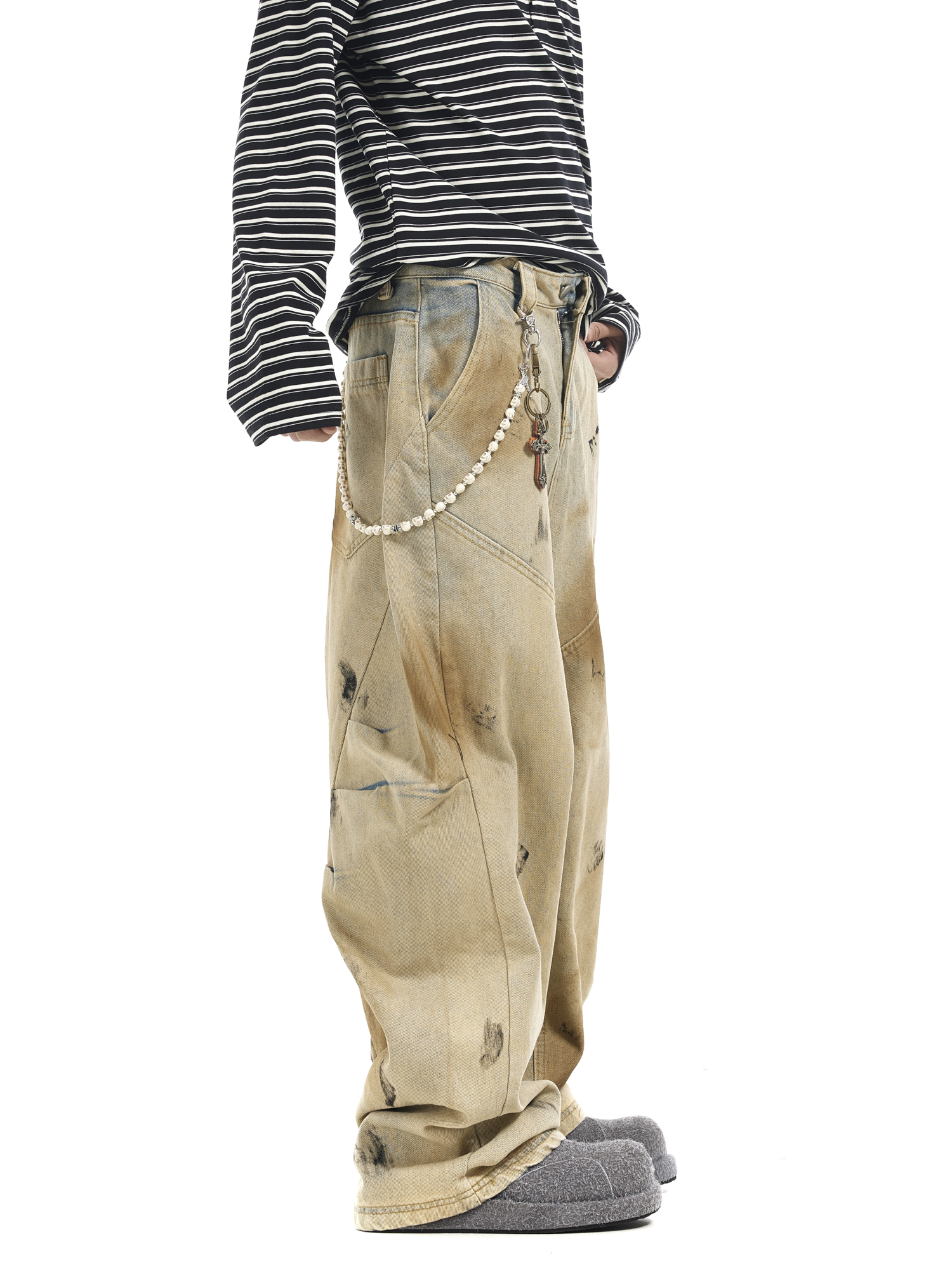 ワイドパンツ メンズ ヴィンテージ加工ワイドデニム