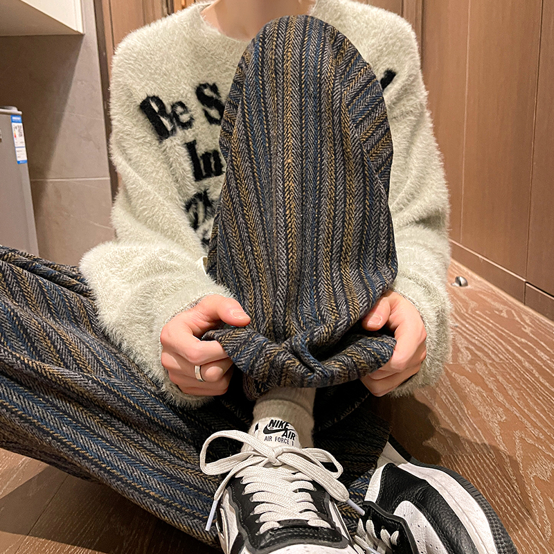 ワイドパンツ メンズ ヘリンボーン柄ウール混ワイドパンツ