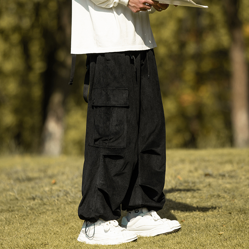 ワイドパンツ メンズ 灯芯絨ワイドカーゴパンツメンズ束脚九分丈