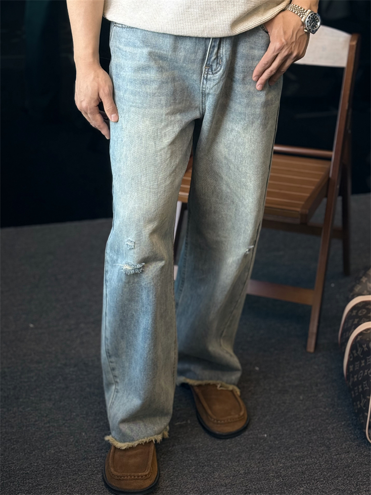 ワイドパンツ メンズ レトロ風ダメージ加工ワイドジーンズ
