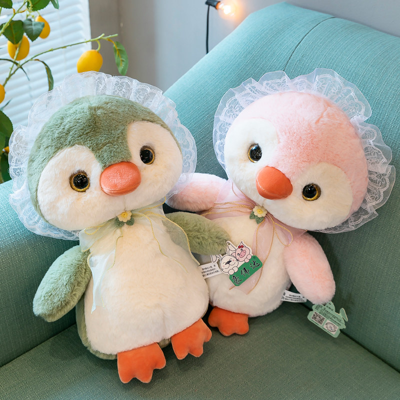 ペンギンぬいぐるみ レースボンネットペンギンぬいぐるみ中サイズ