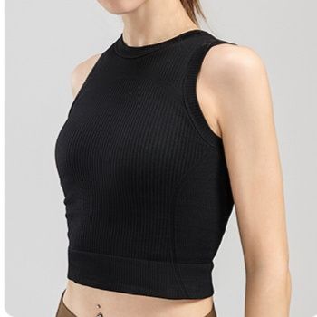 ヨガウェア リブ編みノースリーブ内蔵型胸当て付きヨガトップス