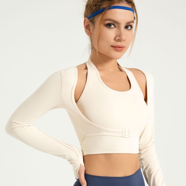 ヨガウェアタンクトップ レイヤード風長袖付きベルトデザインタンクトップ