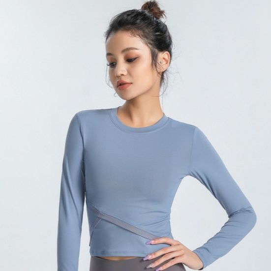 ヨガウェア トップス斜めラインデザイン長袖クロップド丈トップス