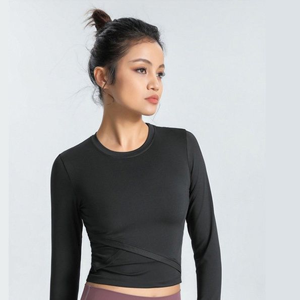 ヨガウェア トップス斜めラインデザイン長袖クロップド丈トップス