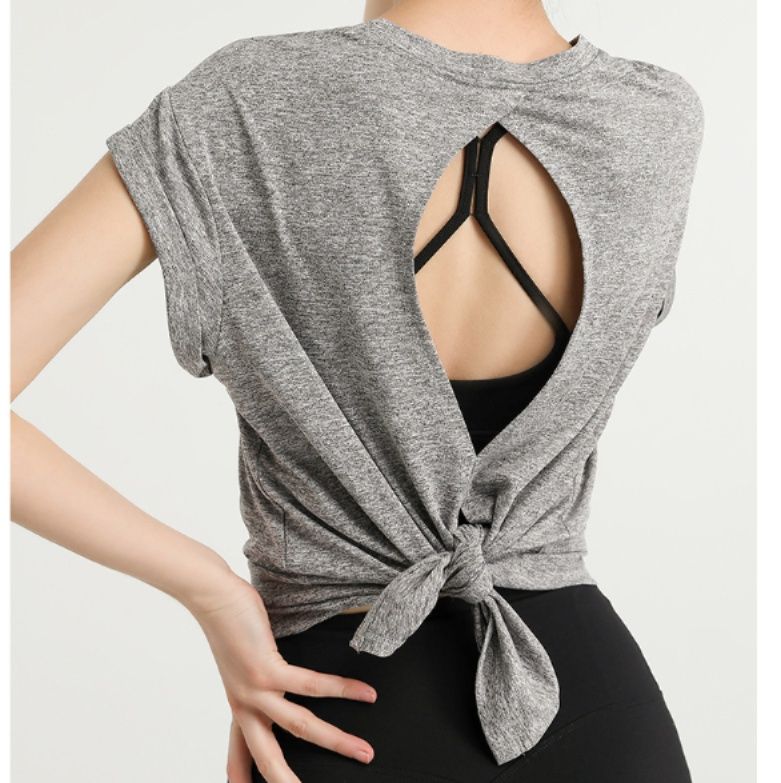 ヨガウェア 背中開きデザインゆったりフレンチスリーブトップス