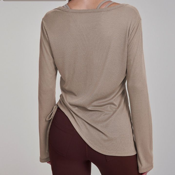 ヨガウェア 優雅桃心領サイドドロスト長袖トップス