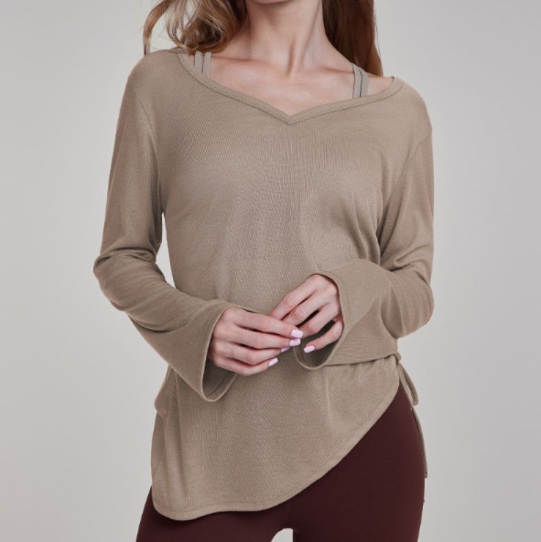 ヨガウェア 優雅桃心領サイドドロスト長袖トップス