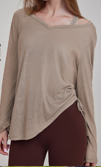 ヨガウェア 優雅桃心領サイドドロスト長袖トップス