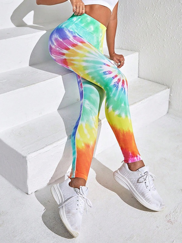 ヨガウェア 虹色グラデーション絞り染め風レギンス