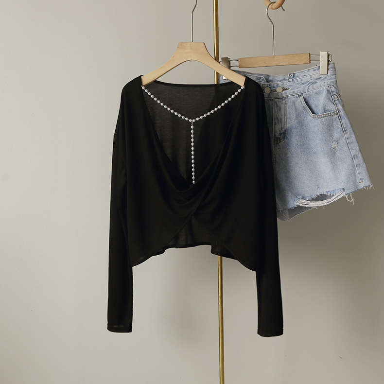 ヨガウェア トップス パール装飾バックオープン長袖トップス