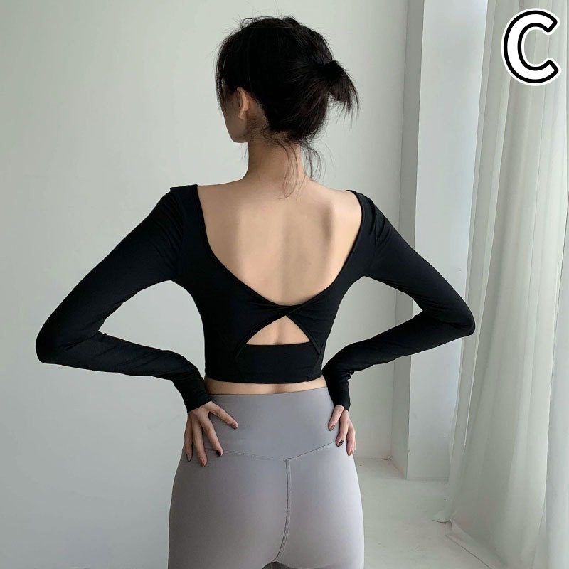 ヨガウェア 背中開きデザイン長袖ヨガトップス