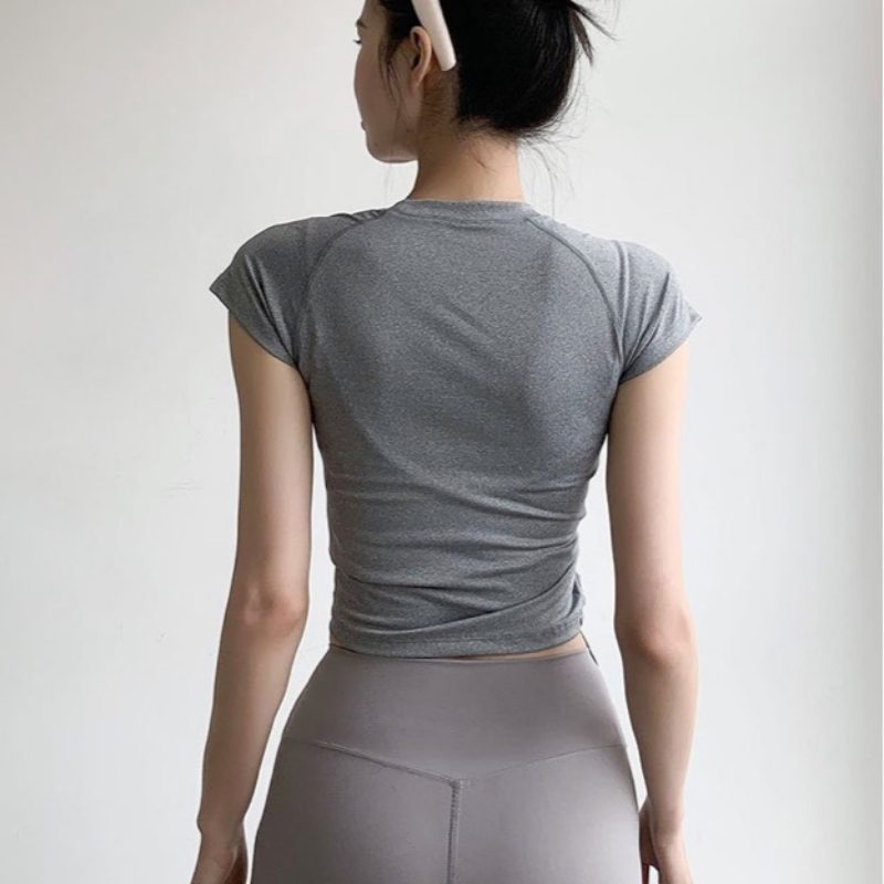 ヨガウェア 速乾サイドシャーリング半袖ヨガトップス