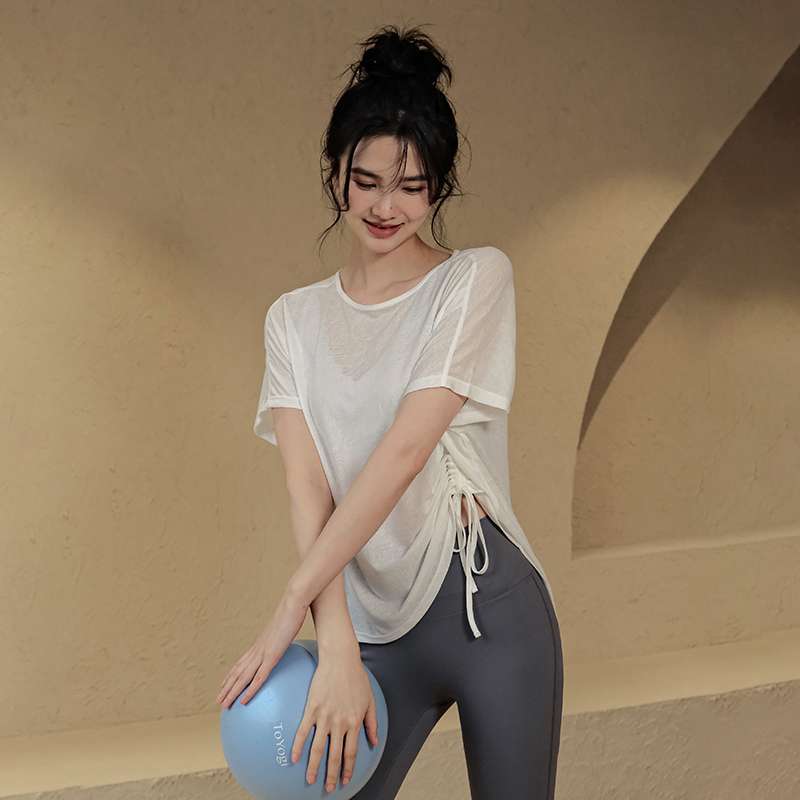 ヨガウェア サイドリボン ゆったりピラティスTシャツ