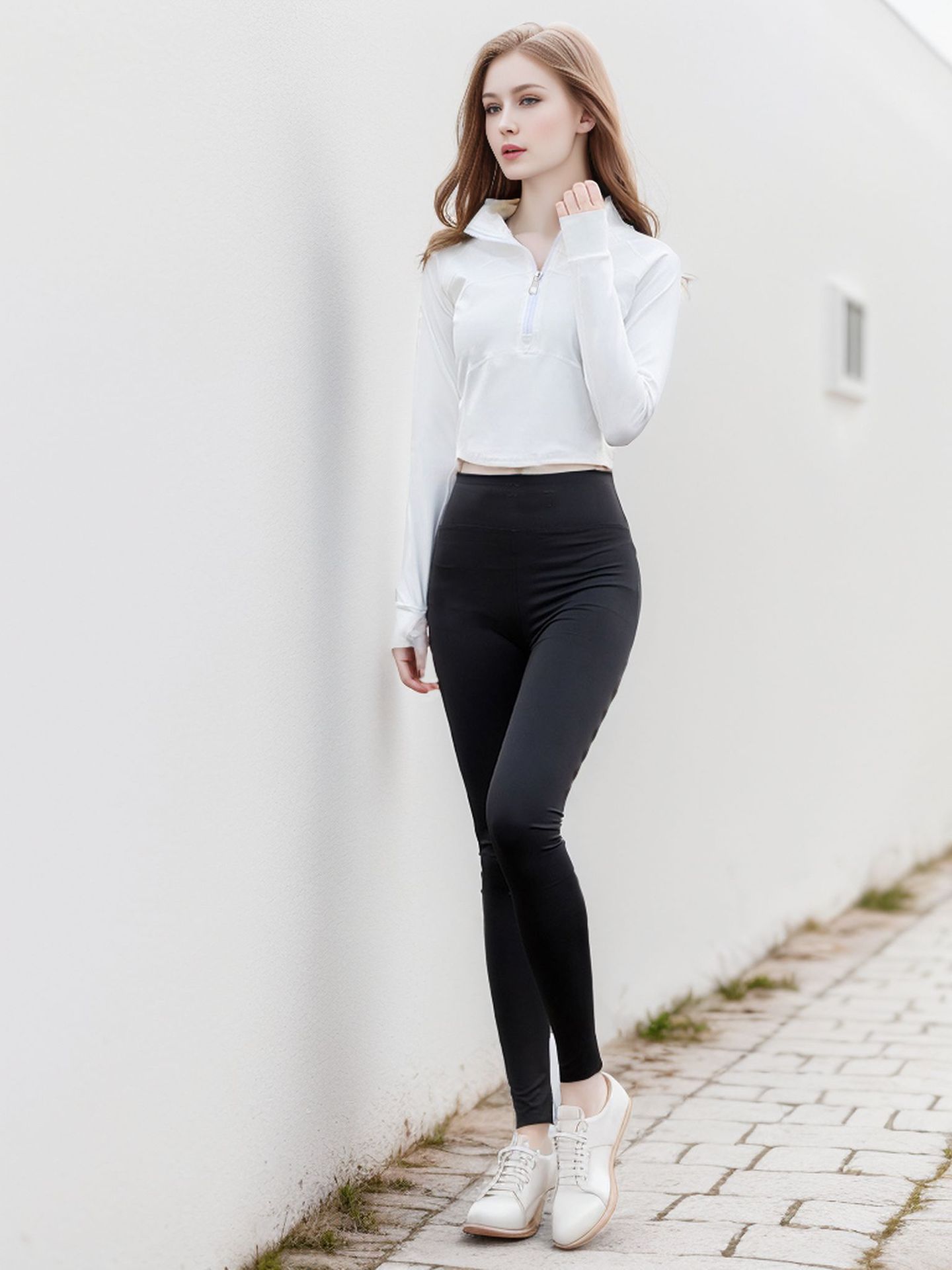ヨガウェア ハーフジップクロップド長袖トップス