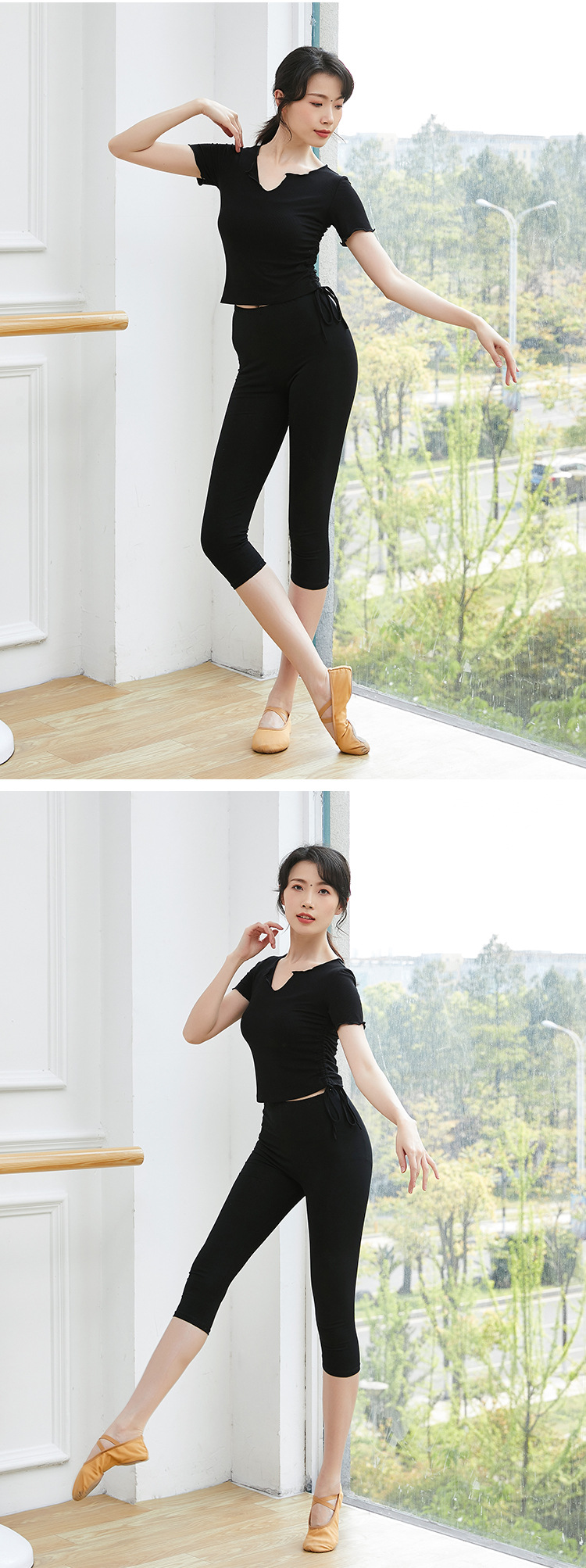 ヨガウェア フリルネック長袖サイドドロストクロップドトップス