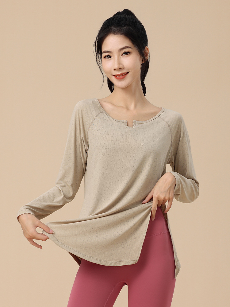 ヨガウェア ラグランスリーブ裾ラウンドロング丈トップス