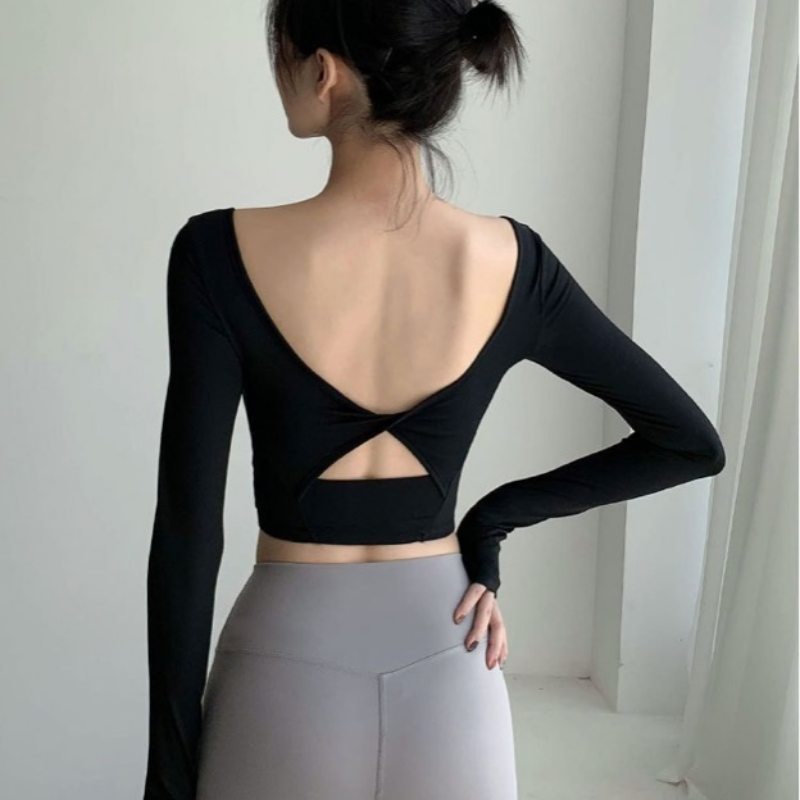 ヨガウェア 背中開きデザイン長袖ヨガトップス