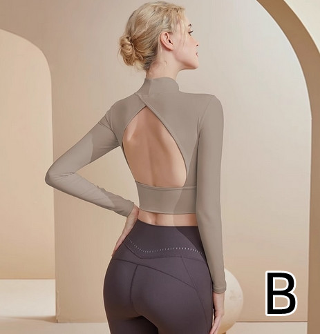 ヨガウェア 背中開きハイネック長袖ヨガトップス