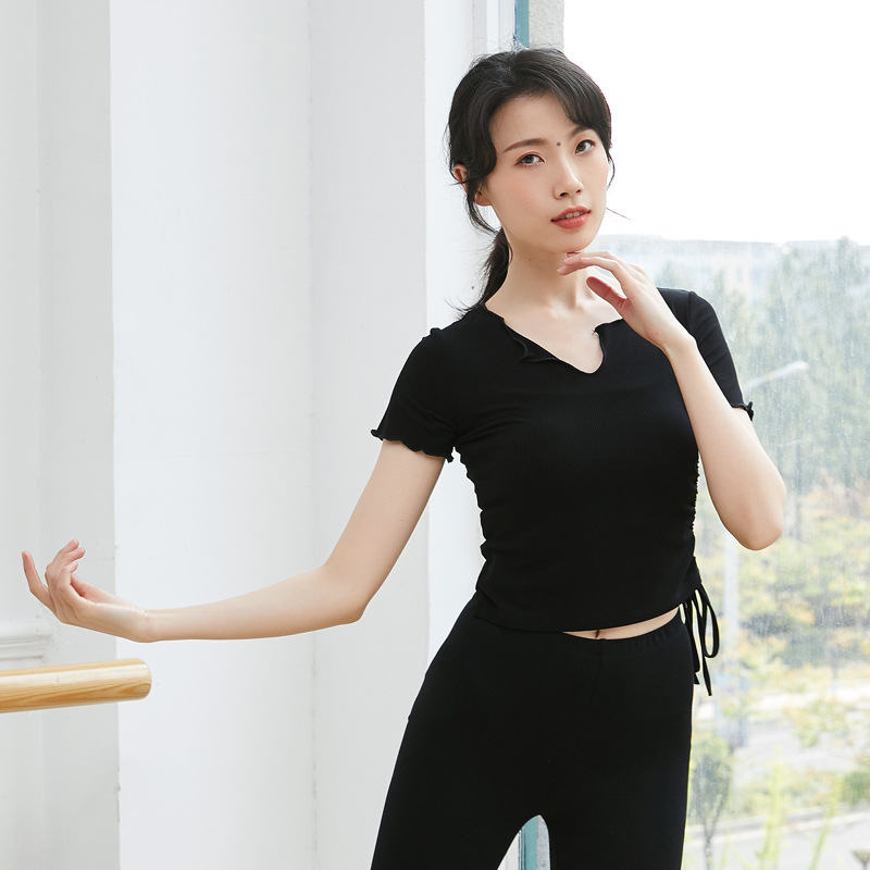 ヨガウェア フリルネック長袖サイドドロストクロップドトップス