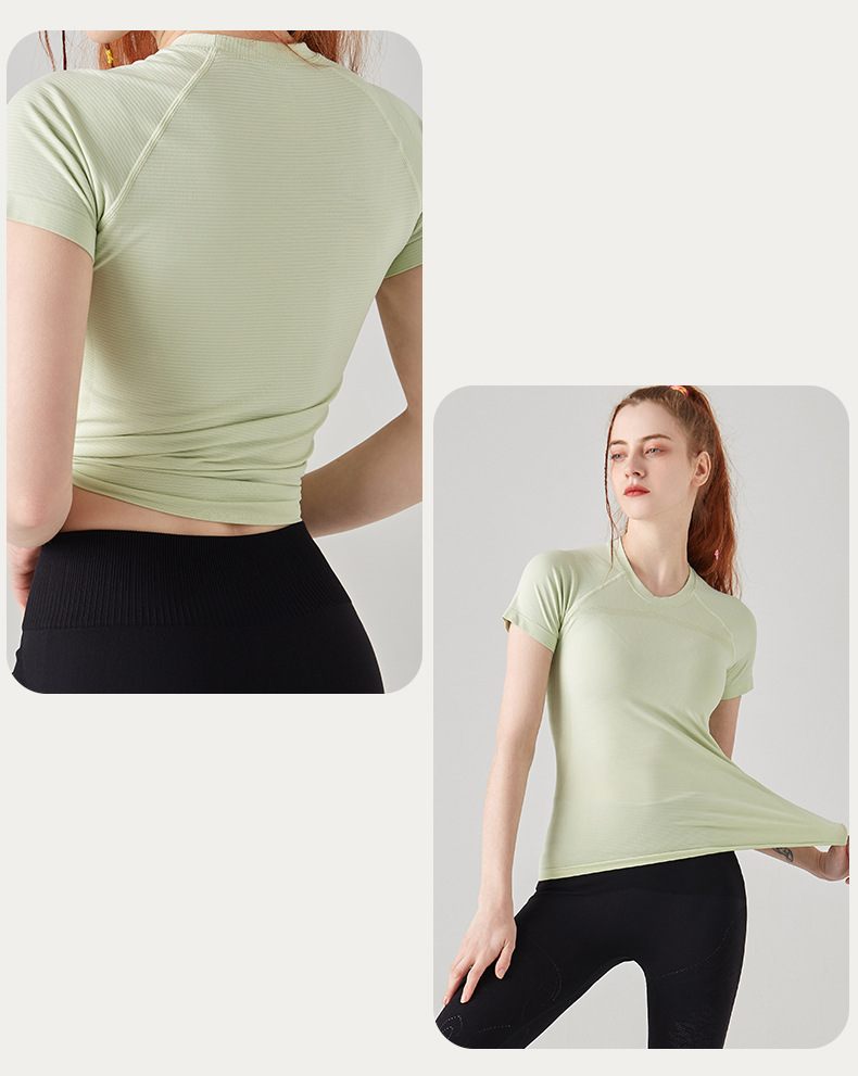 ヨガウェア シームレス縦リブ編み半袖ヨガトップス