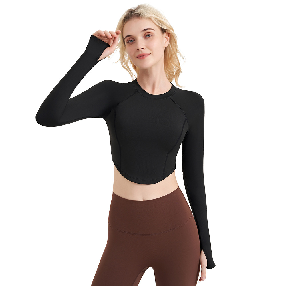 ヨガウェアトップス 体にフィットする長袖ショート丈クロップドトップス