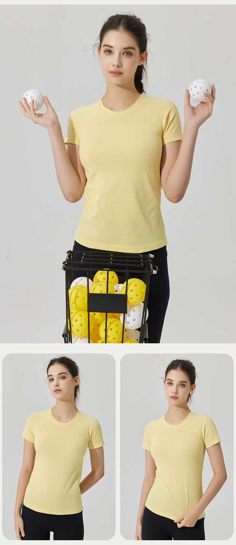 ヨガウェア シームレス縦リブ編み半袖ヨガトップス