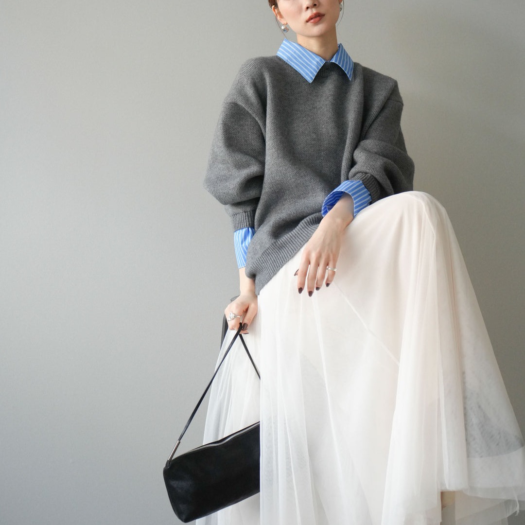 40代ファッション 大人上品ニットプルオーバーとチュールスカートセット