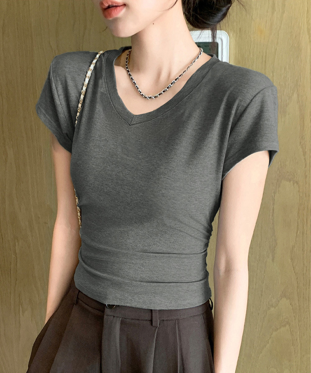 40代ファッション 美シルエット サイドギャザー Vネック半袖Tシャツ