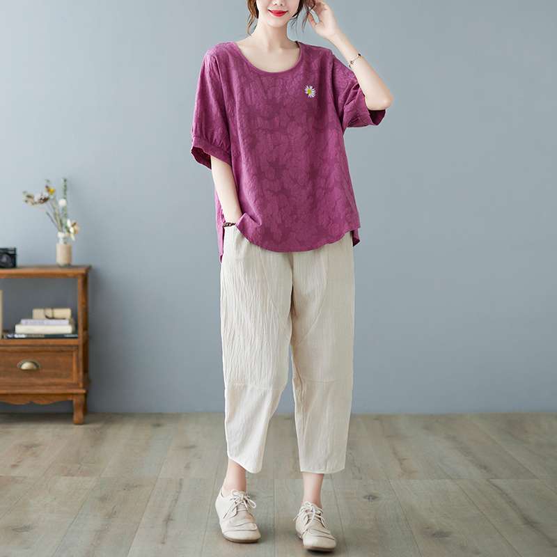 40代ファッション レディース ゆったりデザイン 花刺繍入り半袖Tシャツ
