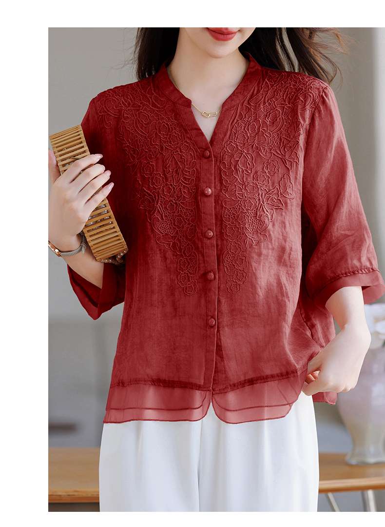 40代ファッション レディース 刺繍入りシアー素材ブラウス