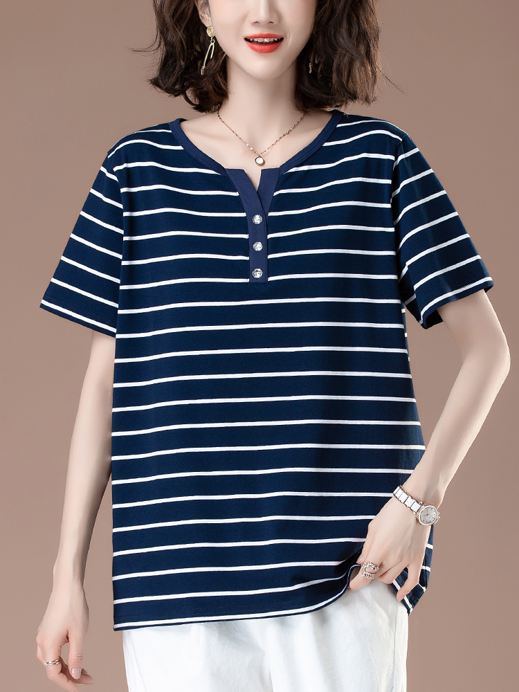 コットンボーダー キーネックカットソー 40代ファッション キーネック 上品ボーダーカットソー Tシャツ