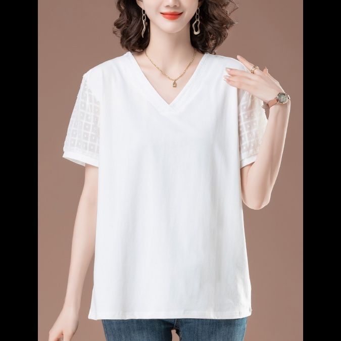 40代ファッション 透かし模様入りスリーブ優雅Tシャツ