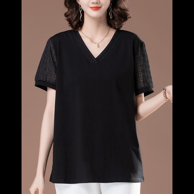 40代ファッション 透かし模様入りスリーブ優雅Tシャツ