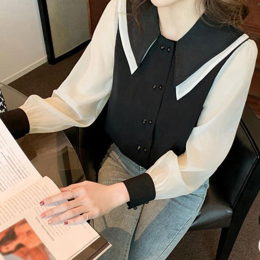 40代ファッション 二重襟シフォンブラウス長袖大人可愛い通勤