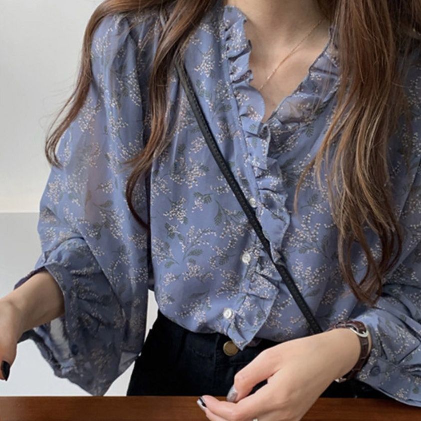 40代ファッション 襟フリル花柄シフォンブラウス長袖