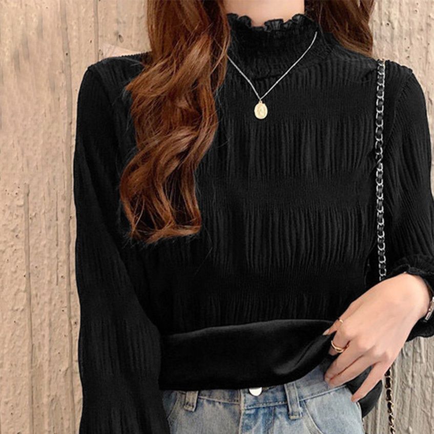 40代ファッション 裏起毛シャーリングブラウス長袖暖かトップス