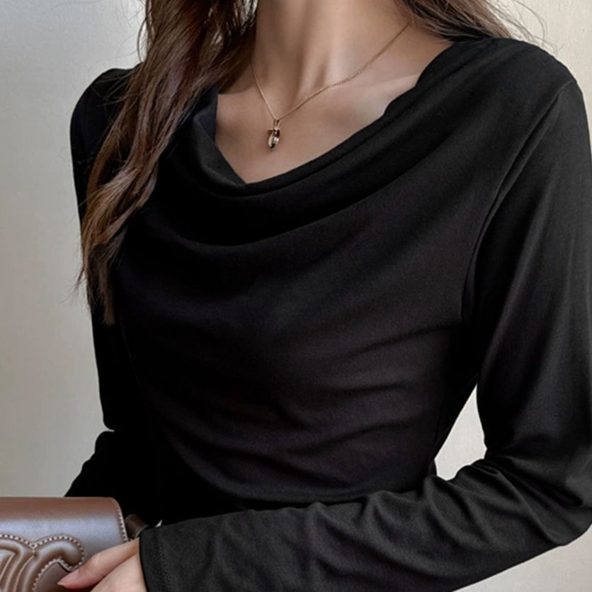 40代ファッション ドレープネック長袖シャツ 大人の上品カットソー