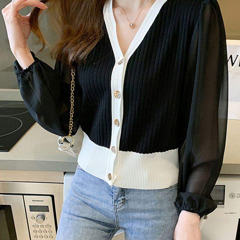 40代ファッション シフォン袖切り替えニットカーディガン