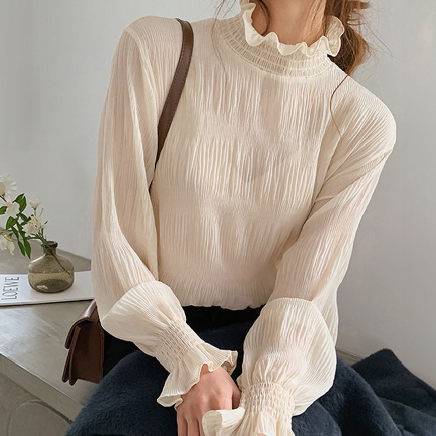 40代ファッション フリル襟ハイネックブラウス長袖上品