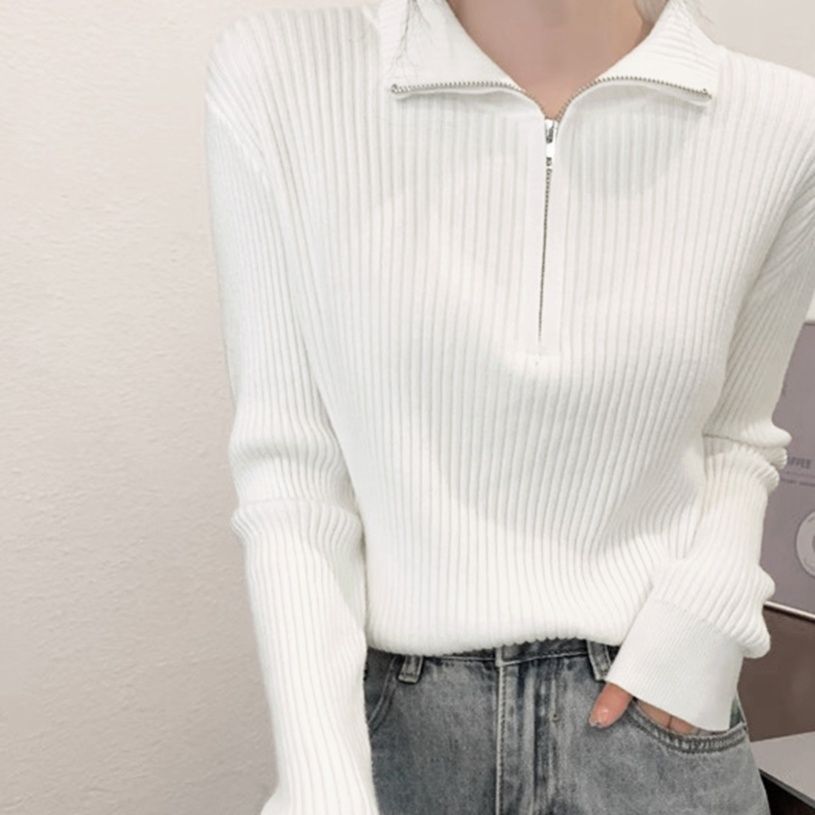 40代ファッション リブ編みハーフジップニットトップス長袖