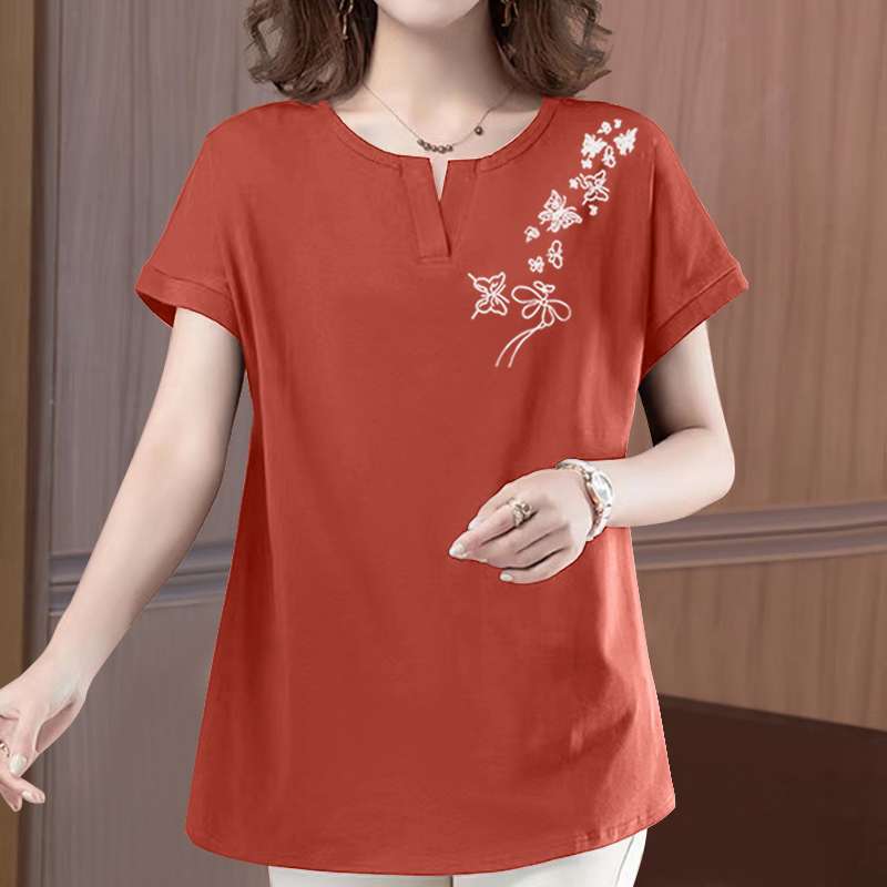 40代ファッション レディース 刺繍入り花柄ゆったりTシャツ