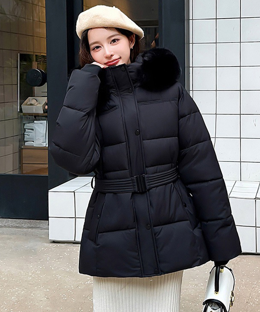 40代ファッション ファー付き中綿ダウンジャケット ウエストベルト