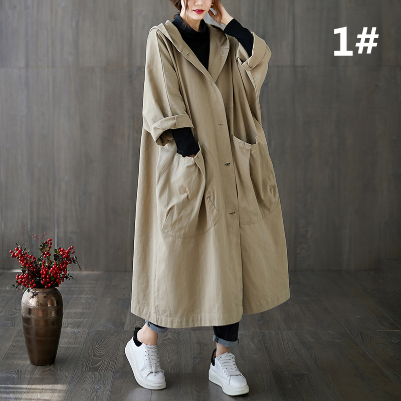 40代ファッション フード付きロング丈トレンチコート ゆったりシルエット春秋アウター