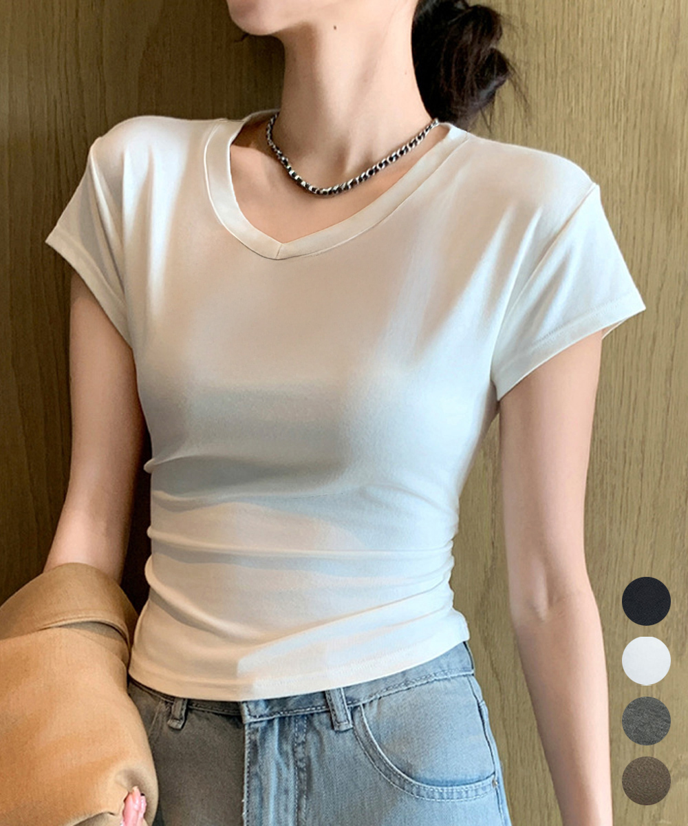 40代ファッション 美シルエット サイドギャザー Vネック半袖Tシャツ