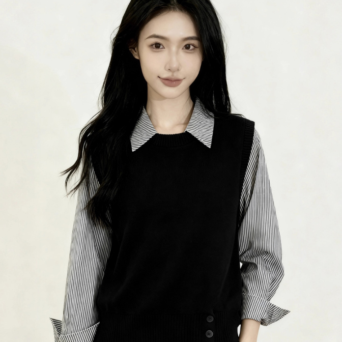 40代ファッション 縦縞シャツ重ね着風ニットベストセット