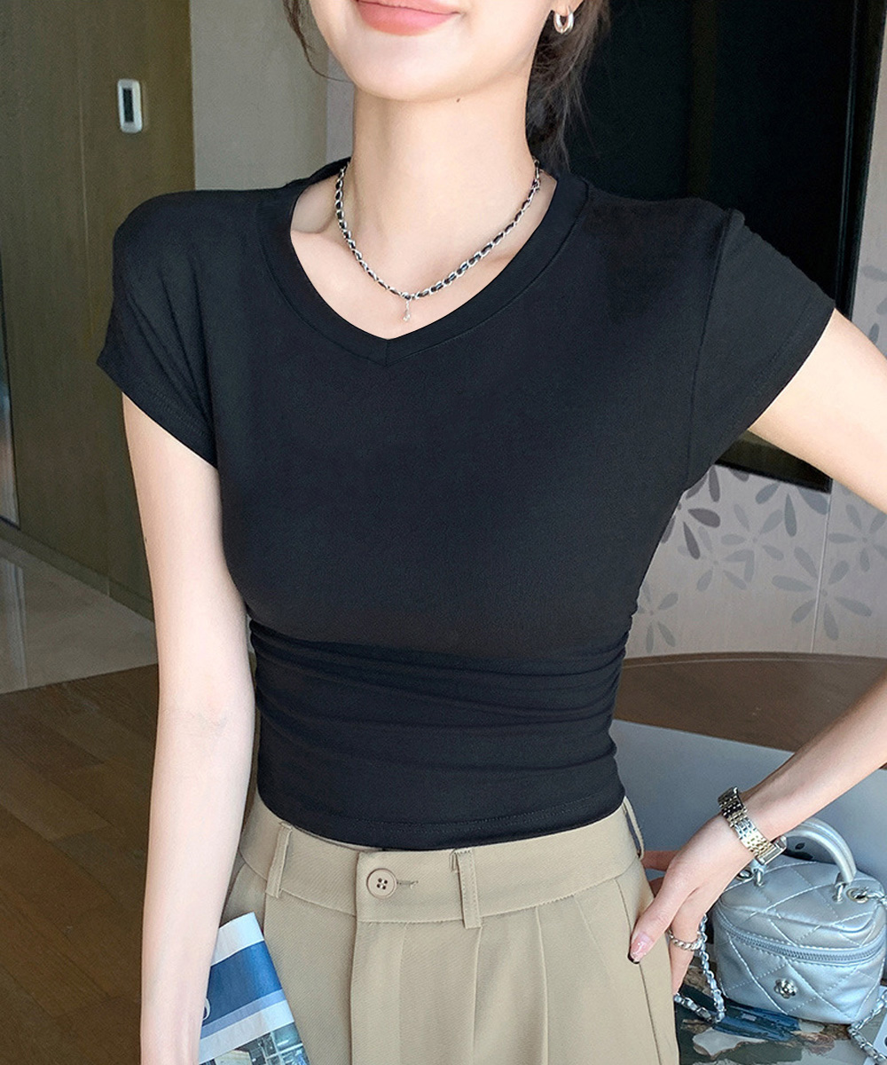40代ファッション 美シルエット サイドギャザー Vネック半袖Tシャツ