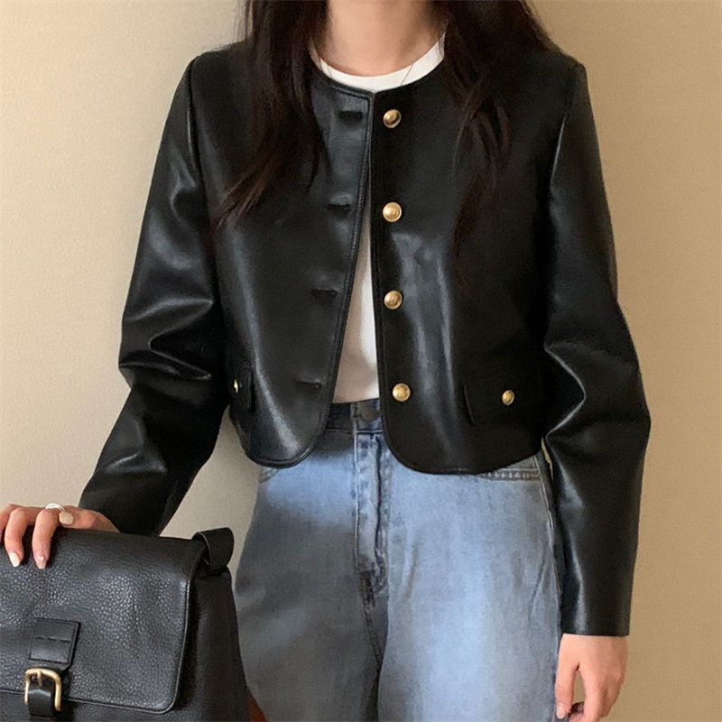 40代ファッション 2025秋冬新作 合成皮革ショート丈ジャケット 長袖アウター