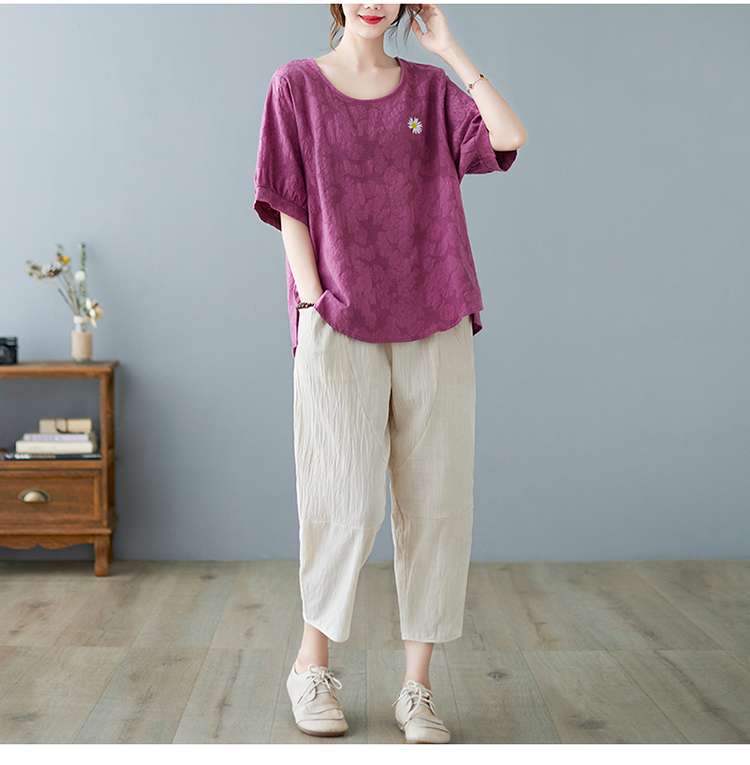 40代ファッション レディース ゆったりデザイン 花刺繍入り半袖Tシャツ